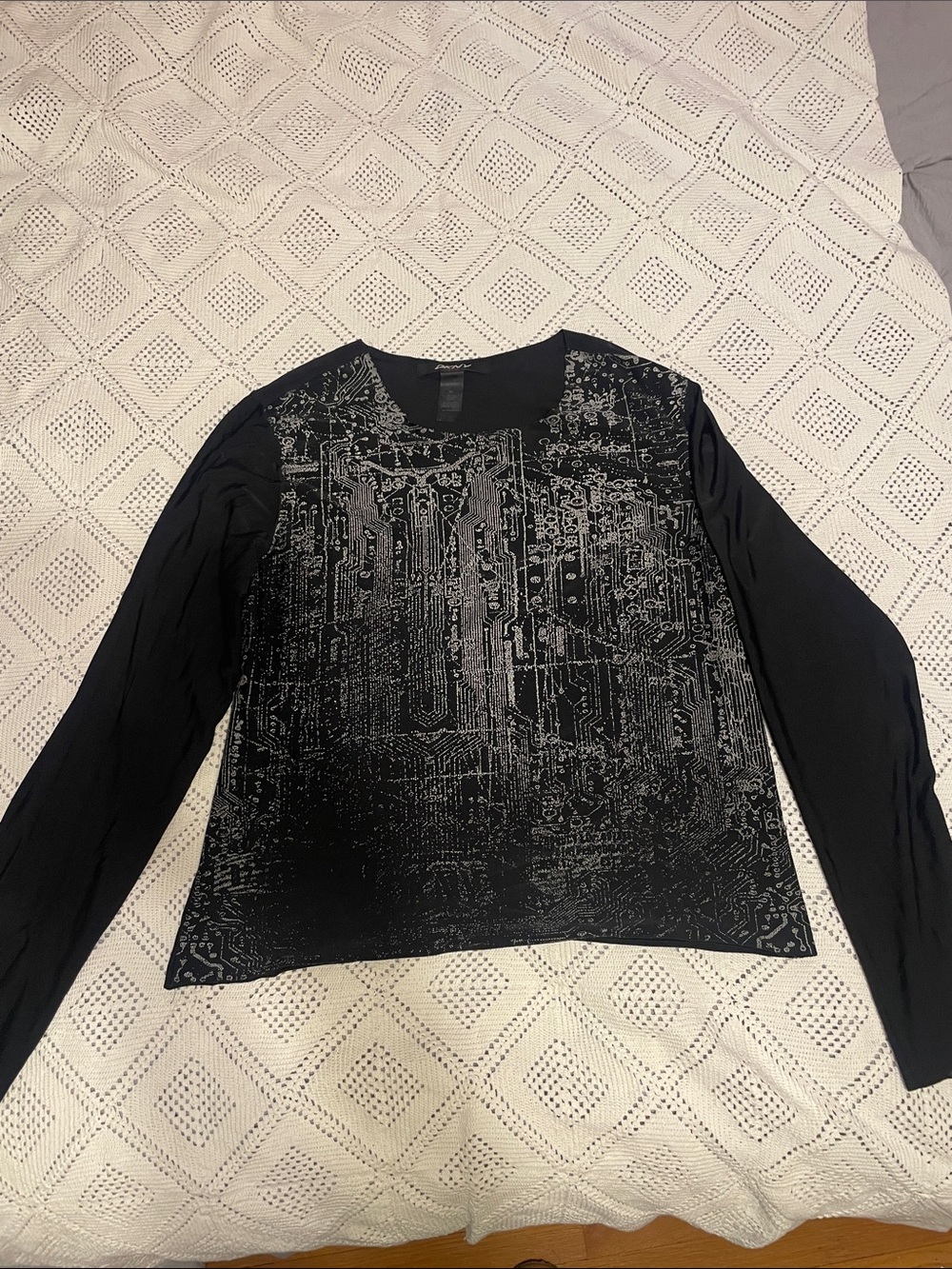 DKNY Black Long-Sleeve Top with Silver Circuit Graphic